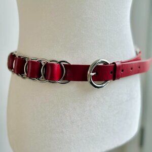 Vintage Esprit Red Leather Ring-Link Belt with Silver Hardware – 32"